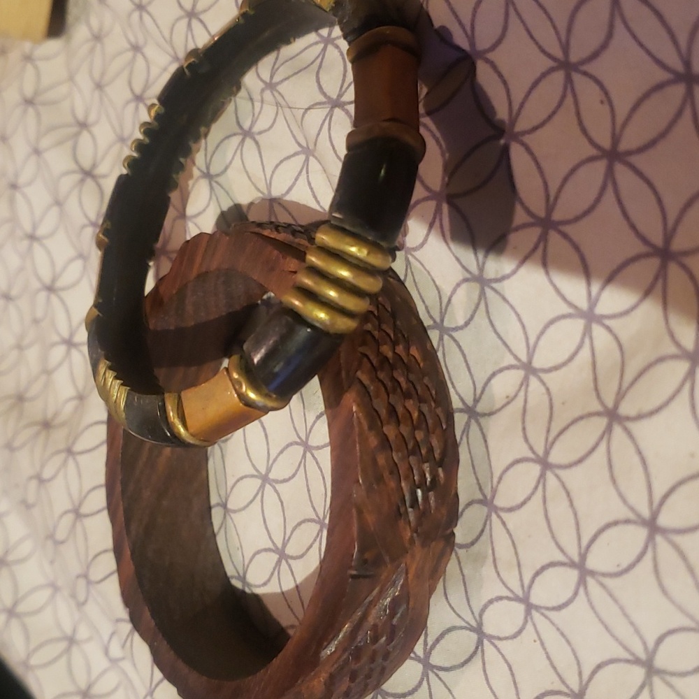 Two vintage bangle bracelets wood bone brass